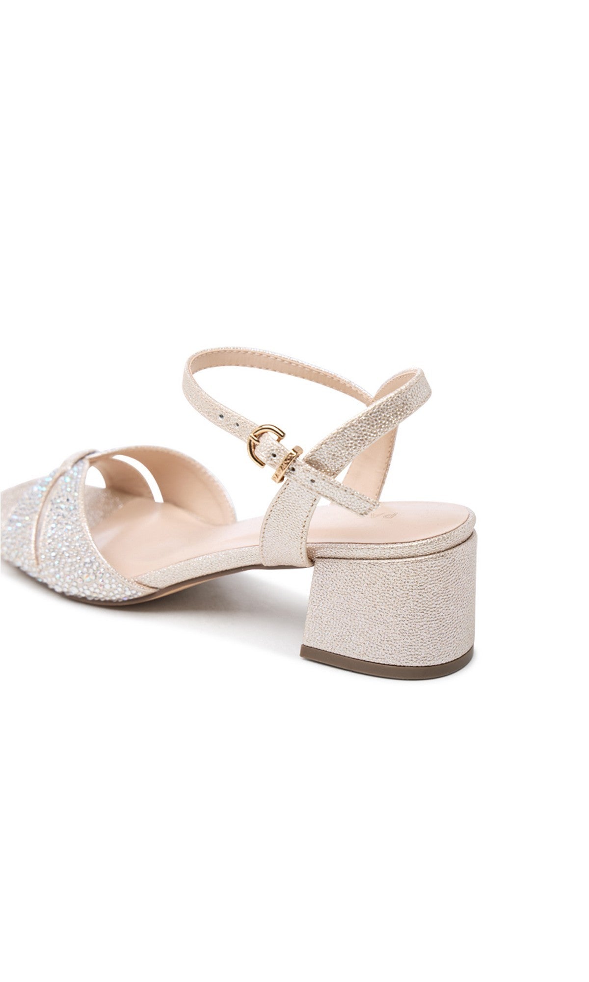 Add glamour to your special night with the Marquise Champagne Prom Shoes: Paradox London P2608—beige glitter block heels with an ankle strap and gold buckle, perfect embellished prom shoes. Shown on a white background.